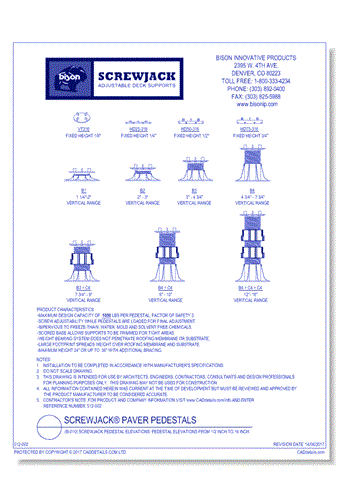 (B-010) ScrewJack Pedestal Elevations: Pedestal Elevations from 1/2 Inch to 16 Inch