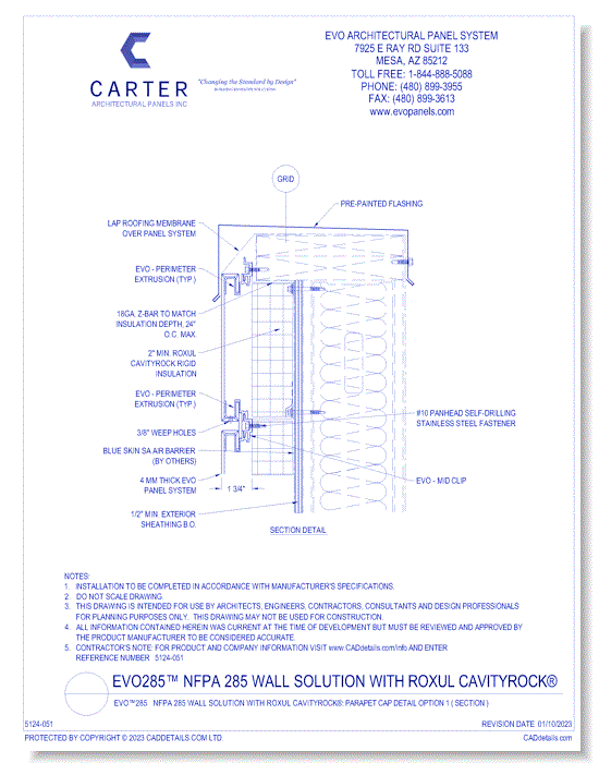 EVO™285 NFPA 285 Wall Solution With ROXUL CavityRock®: Parapet Cap Detail Option 1 ( Section )