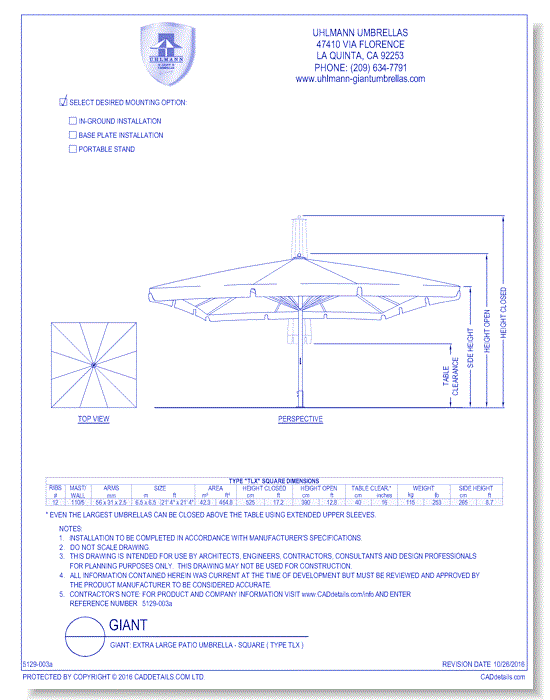Giant: Extra large Patio Umbrella - Square ( Type TLX )