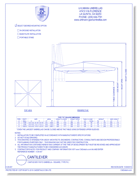 Cantilever: Patio Umbrella - Square ( Type FX )
