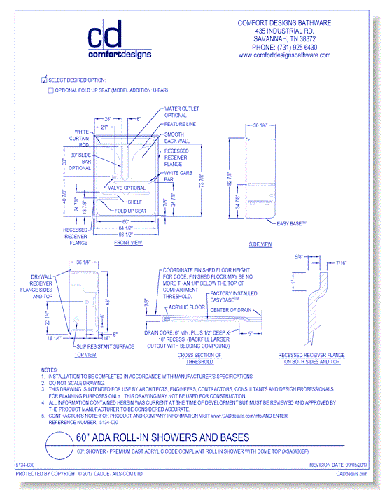 60": Shower - Premium Cast Acrylic Code Compliant Roll In Shower with Dome Top (XSA6436BF)