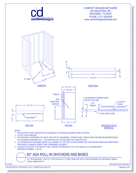 60": Shower Base - AcrylX™ Applied Acrylic Code Compliant Roll In Shower Base with Integral Trench Drain (XSB6232TR.75)