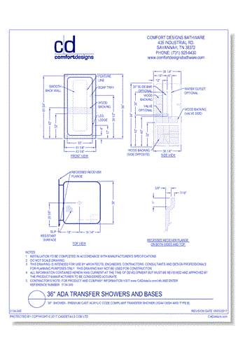36": Shower - Premium Cast Acrylic Code Compliant Transfer Shower (XSA 4136SH ANSI Type B)