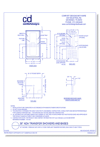 36": Shower - Premium Cast Acrylic Code Compliant Transfer Shower (XSA 4136SH OT ANSI Type B)