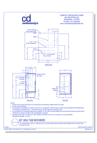 60": Tub Shower - AcrylX™ Applied Acrylic Code Compliant Multi-Piece Tub Shower with Flat Back Wall (XSS3260TS FB 3P)