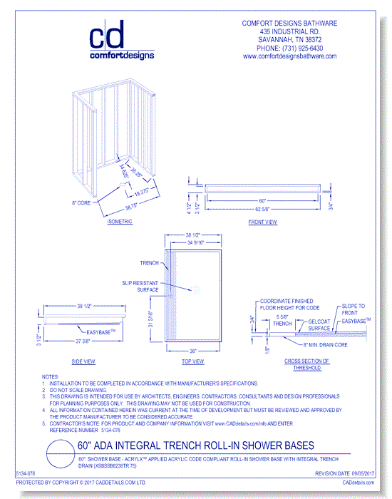 60": Shower Base - AcrylX™ Applied Acrylic or Solid Surface Code Compliant Roll-In Shower Base with Integral Trench Drain (XSB or SSB6238TR.75)
