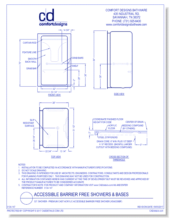 53": Shower - Premium Cast Acrylic Accessible Barrier Free Shower (XSA5336BF)