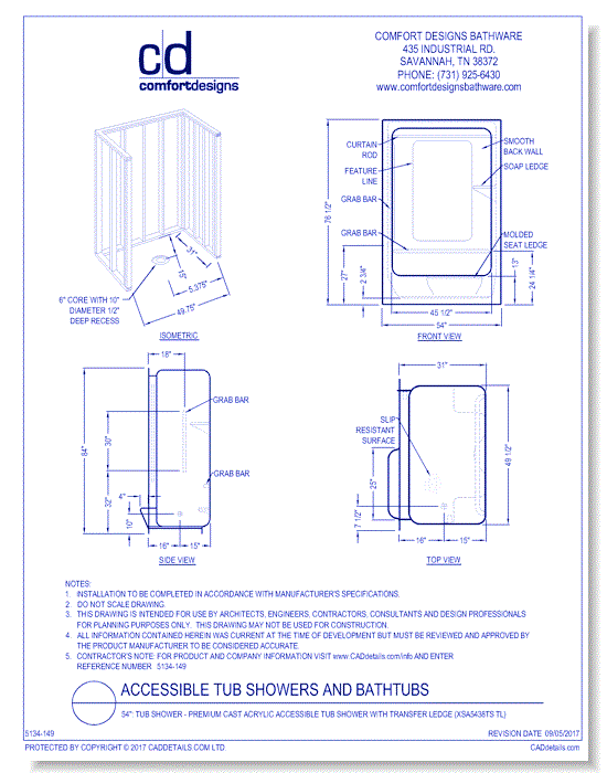 54": Tub Shower - Premium Cast Acrylic Accessible Tub Shower with Transfer Ledge (XSA5438TS TL)