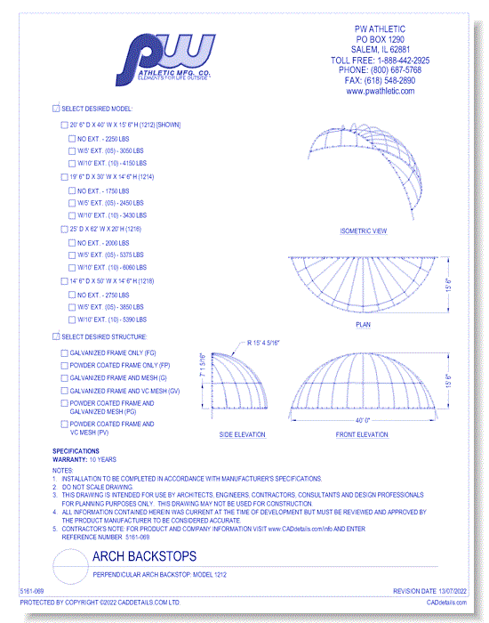 Perpendicular Arch Backstop: Model 1212