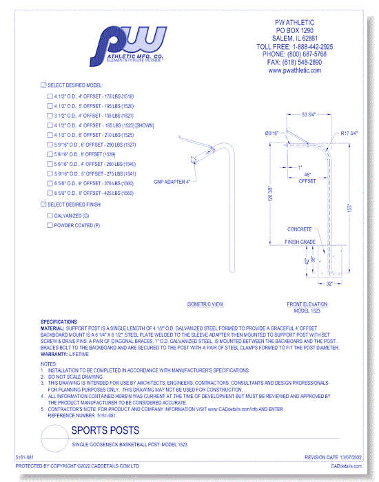 Single Gooseneck Basketball Post: Model 1523