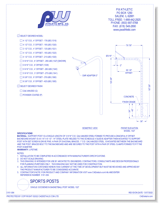 Single Gooseneck Basketball Post: Model 1527