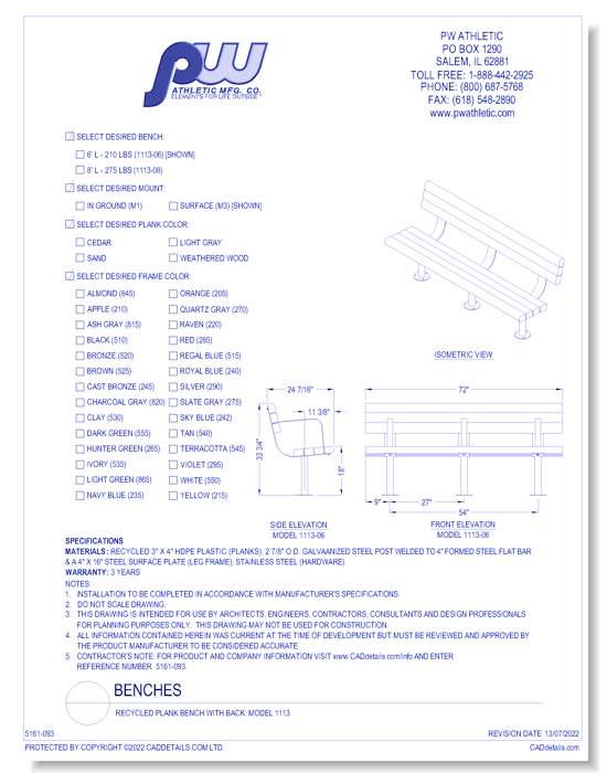 Recycled Plank Bench With Back: Model 1113