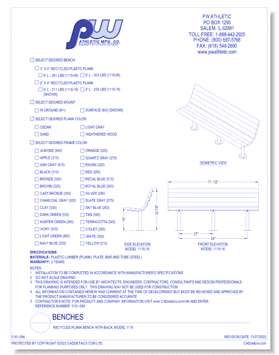 Recycled Plank Bench With Back: Model 1118