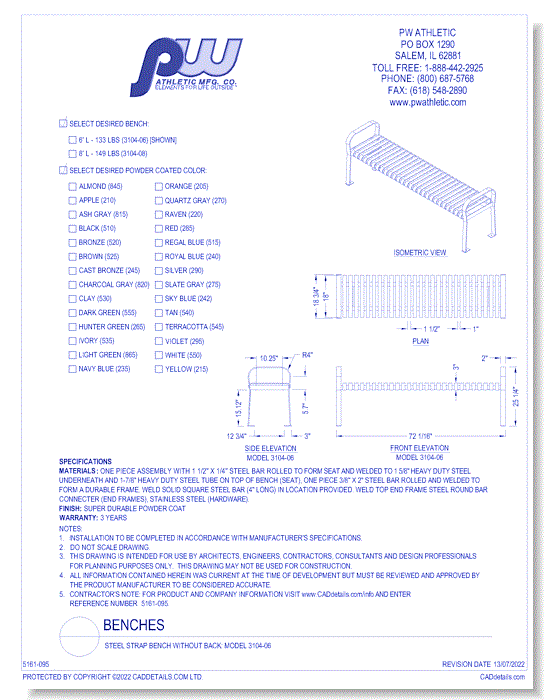 Steel Strap Bench Without Back: Model 3104-06