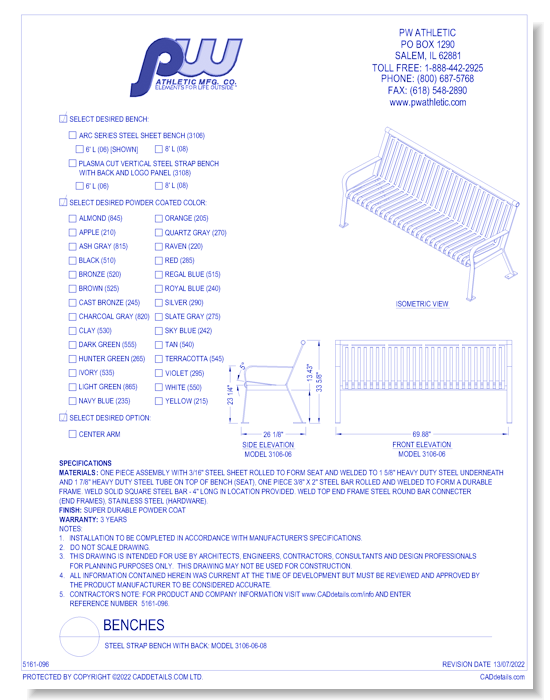 Steel Strap Bench With Back: Model 3106-06-08
