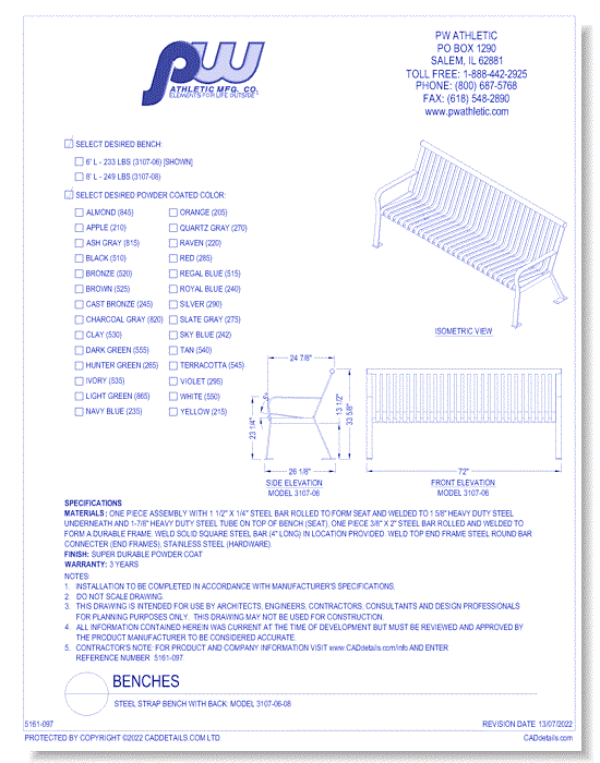 Steel Strap Bench With Back: Model 3107-06-08