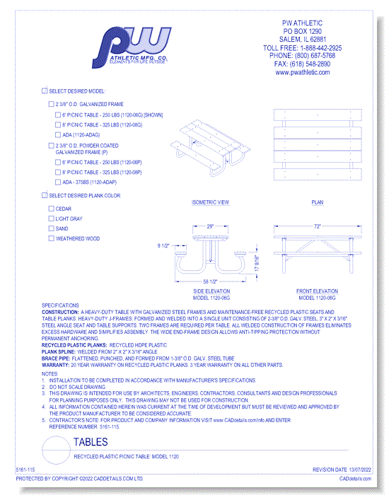 Recycled Plastic Picnic Table: Model 1120