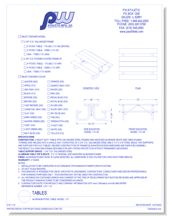 Aluminum Picnic Table: Model 1131