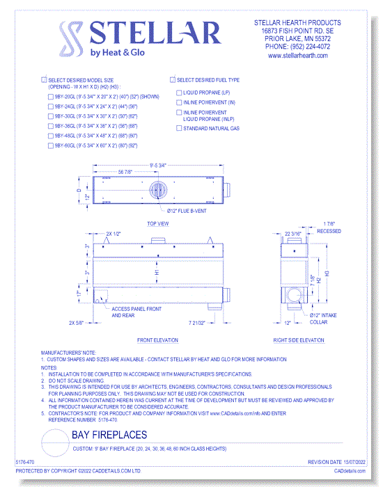 Custom: 9' Bay Fireplace (20, 24, 30, 36, 48, 60 Inch Glass Heights)