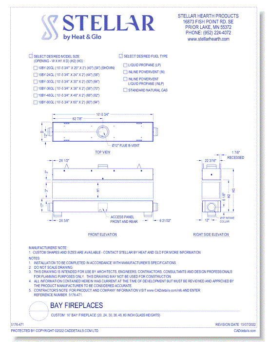 Custom: 10' Bay Fireplace (20, 24, 30, 36, 48, 60 Inch Glass Heights)