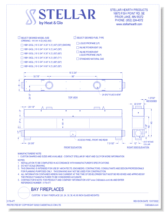 Custom: 16' Bay Fireplace (20, 24, 30, 36, 48, 60 Inch Glass Heights)