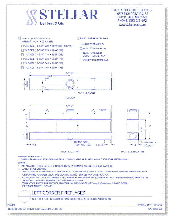 Custom: 13' Left Corner Fireplace (20, 24, 30, 36, 48, 60 Inch Glass Heights)