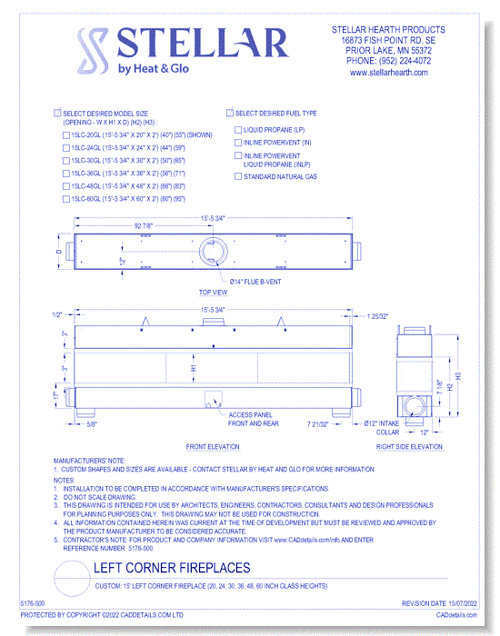 Custom: 15' Left Corner Fireplace (20, 24, 30, 36, 48, 60 Inch Glass Heights)