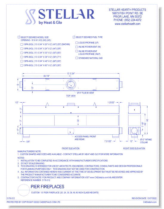 Custom: 15' Pier Fireplace (20, 24, 30, 36, 48, 60 Inch Glass Heights)