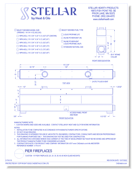 Custom: 19' Pier Fireplace (20, 24, 30, 36, 48, 60 Inch Glass Heights)