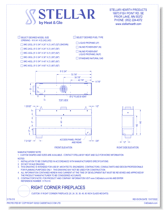 Custom: 9' Right Corner Fireplace (20, 24, 30, 36, 48, 60 Inch Glass Heights)