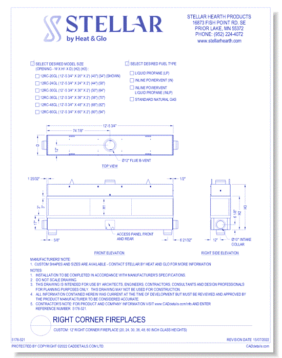Custom: 12' Right Corner Fireplace (20, 24, 30, 36, 48, 60 Inch Glass Heights)