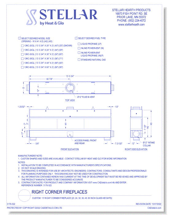 Custom: 13' Right Corner Fireplace (20, 24, 30, 36, 48, 60 Inch Glass Heights)