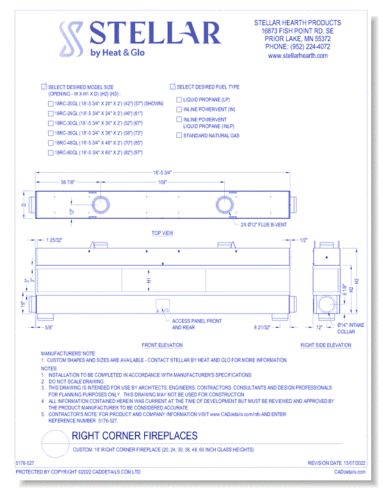 Custom: 18' Right Corner Fireplace (20, 24, 30, 36, 48, 60 Inch Glass Heights)