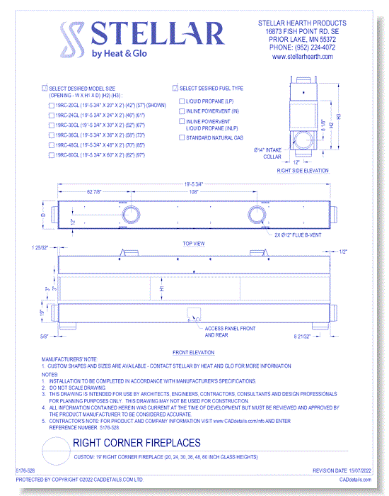 Custom: 19' Right Corner Fireplace (20, 24, 30, 36, 48, 60 Inch Glass Heights)