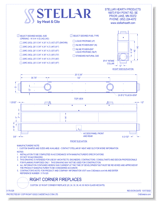 Custom: 20' Right Corner Fireplace (20, 24, 30, 36, 48, 60 Inch Glass Heights)