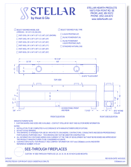 Custom: 16' See Thru Fireplace (20, 24, 30, 36, 48, 60 Inch Glass Heights)