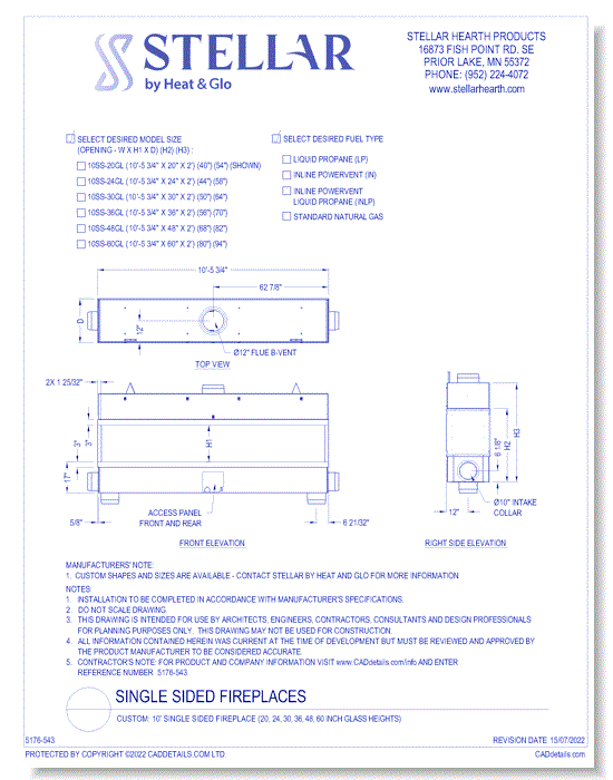 Custom: 10' Single Sided Fireplace (20, 24, 30, 36, 48, 60 Inch Glass Heights)