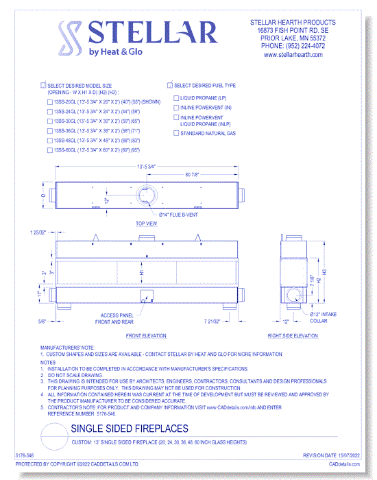 Custom: 13' Single Sided Fireplace (20, 24, 30, 36, 48, 60 Inch Glass Heights)
