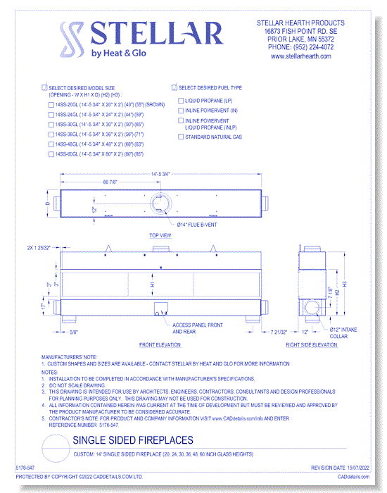 Custom: 14' Single Sided Fireplace (20, 24, 30, 36, 48, 60 Inch Glass Heights)