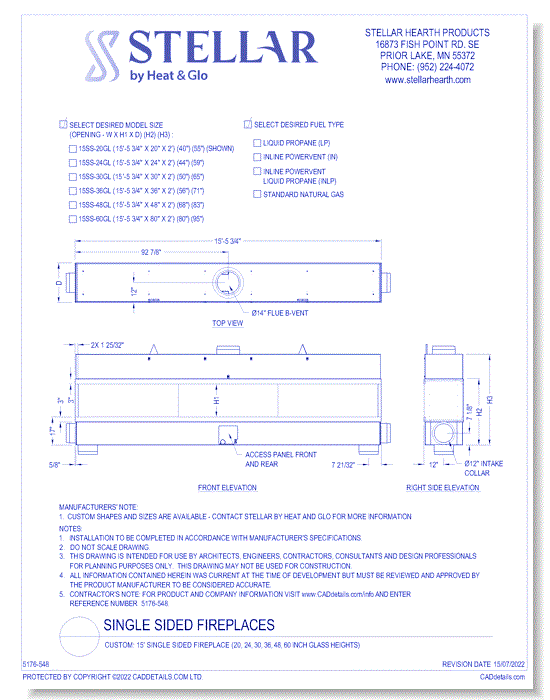 Custom: 15' Single Sided Fireplace (20, 24, 30, 36, 48, 60 Inch Glass Heights)