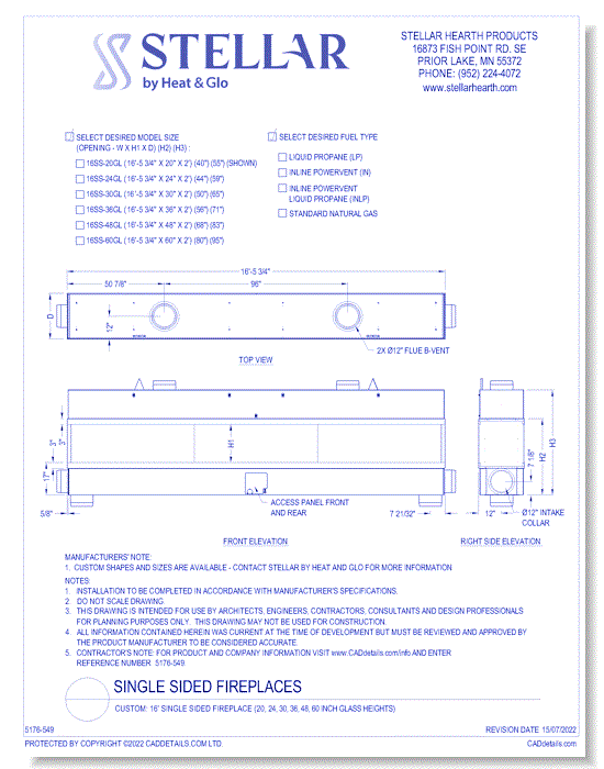 Custom: 16' Single Sided Fireplace (20, 24, 30, 36, 48, 60 Inch Glass Heights)