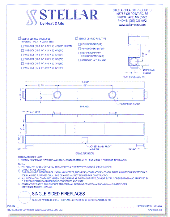 Custom: 19' Single Sided Fireplace (20, 24, 30, 36, 48, 60 Inch Glass Heights)