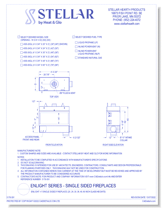 Enlight: 4' Single Sided Fireplace (20, 24, 30, 36, 48, 60 Inch Glass Heights)