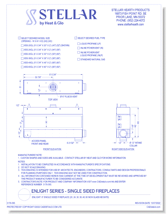 Enlight: 8' Single Sided Fireplace (20, 24, 30, 36, 48, 60 Inch Glass Heights)