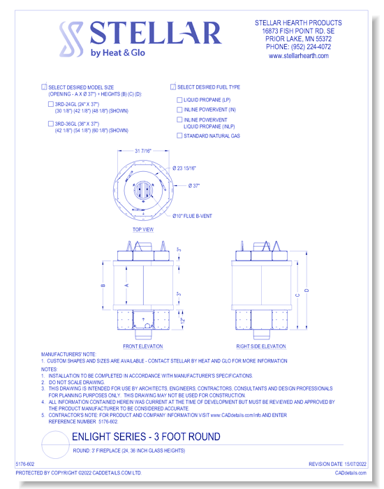 Round: 3' Fireplace (20, 24, 30, 36, 48, 60 Inch Glass Heights)