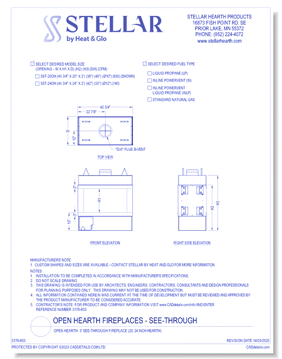 Open Hearth: 3' See-Thru Fireplace (20, 24 Inch Glass Heights)