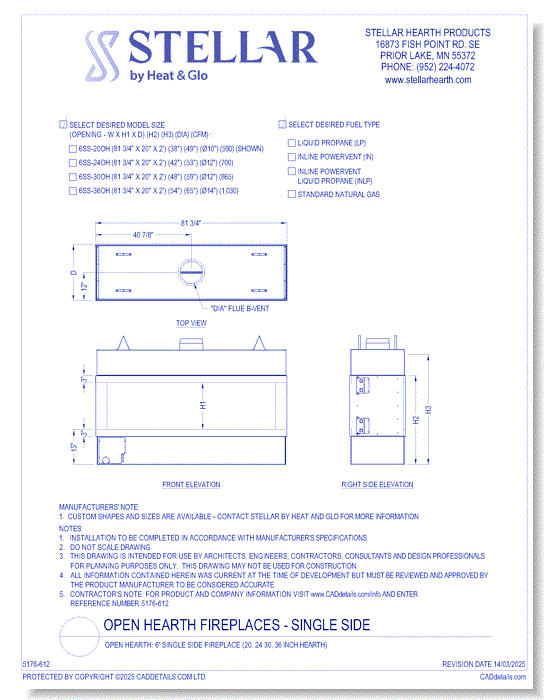 Open Hearth: 6' Single Side Fireplace (20, 24, 30, 36 Inch Glass Heights)