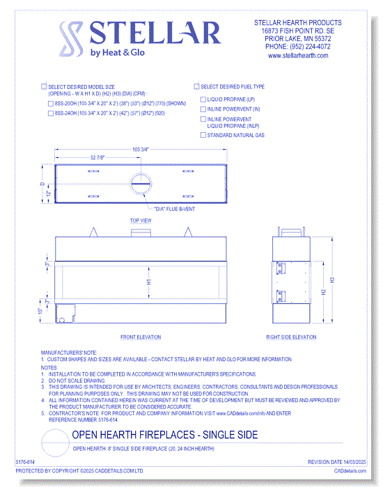 Open Hearth: 8' Single Side Fireplace (20, 24 Inch Glass Heights)