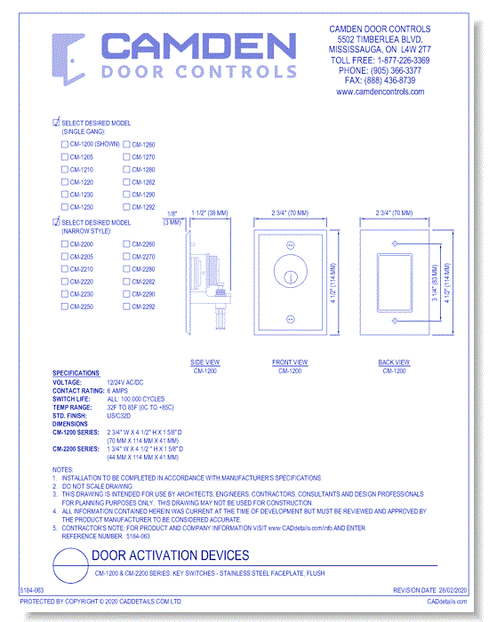  CM-1200 & CM-2200 Series: Key Switches - Stainless Steel Faceplate, Flush