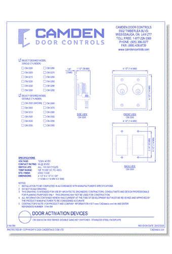 CM-3200 & CM-3500 Series: Double Gang Key Switches - Stainless Steel Faceplate